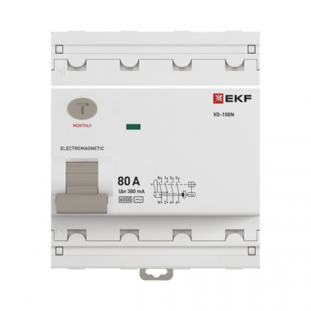 Выключатель дифференциального тока ВД-100N 4P 80А 300мА AC эл-мех 6кА PROXIMA EKF E1046M80300