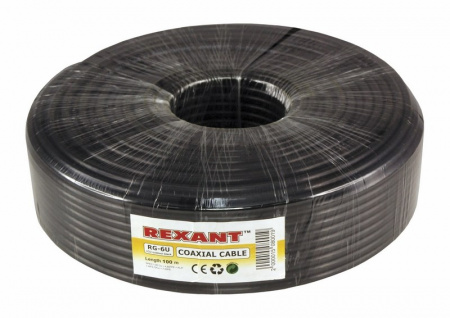 01-2222 Кабель коаксиальный RG-6U+Cu, 75 Ом, Cu/Al/Cu, 64%, бухта 100 м, черный OUTDOOR, REXANT 