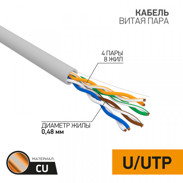 Витая пара PROconnect U/UTP 4PR 24AWG CAT5e бухта 305м REXANT 01-0052