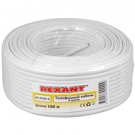 Телефонный кабель ШТЛП 4 жилы CCA, белый, 100м REXANT 01-5101-3 