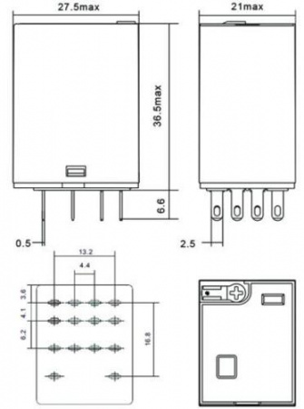 Промежуточное реле, 4 перекидных контакта 6А, 220В (DC), блокируемая кнопка проверки, светодиод Релеон RP434922005