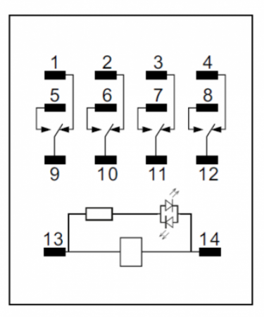 Промежуточное реле, 4 перекидных контакта 6А, 220В (DC), блокируемая кнопка проверки, светодиод Релеон RP434922005