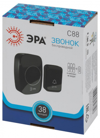 Б0054087 Звонок дверной беспроводной на батарейках 38 мелодий 180м IP20 с регулятором громкости и световой индикацией черный 3АА/А23 C88 ЭРА 
