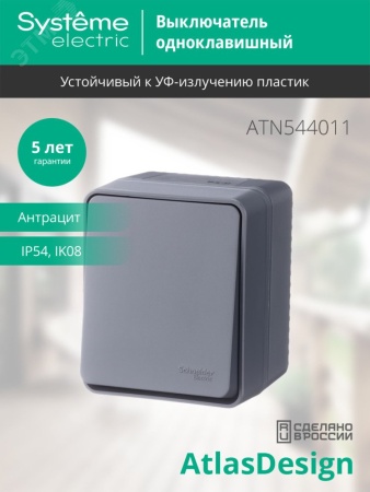 ATN544011 AtlasDesign Profi54 выключатель одноклавишный IP54 10 АХ, АНТРАЦИТ, Россия Systeme Electric 