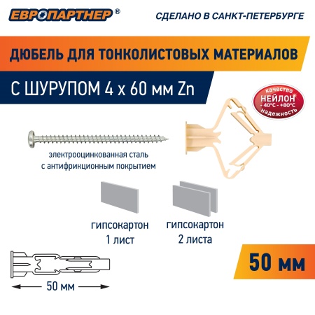 86911 Анкер для тонколистовых материалов PLA 10х50 с    шурупом (60шт) Европартнер 
