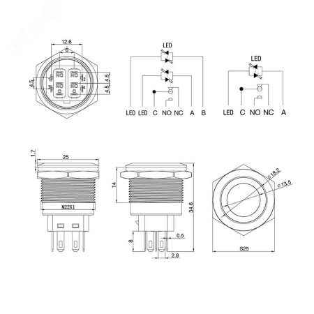 36-3510 Кнопка антивандальная d22 12В(LED) Б/Фикс (5с) OFF-(ON) / ON-(OFF) подсв/красная REXANT 