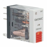 Реле миниатюрное промышленное, 2CO, ком. ток 8А, AgSnO2, напряжение 230V AC, опция: тест-кнопка+светодиод DKC IR-230AC-2CO-D