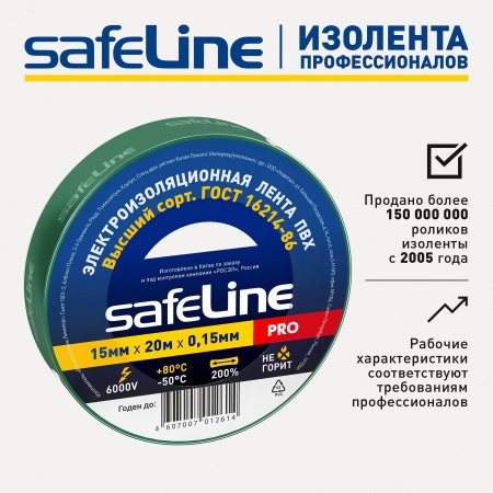 9364 Изолента ПВХ зеленая 15мм 20м Safeline SafeLine 