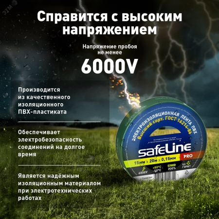 9364 Изолента ПВХ зеленая 15мм 20м Safeline SafeLine 