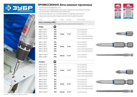 26011-2-50-2 Биты ''ЭКСПЕРТ'' торсионные кованые, обточенные, хромомолибденовая сталь, тип хвостовика E 1/4'', PH2, 50мм, 2шт ЗУБР 