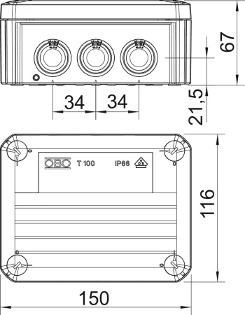 Коробка распаячная T100 влагозащищенная IP 66 150х116х67 OBO Bettermann T 100 2007077