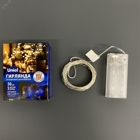 UL-00005266 Гирлянда светодиодная на батарейках 2AA (не в/к) Роса 5м 50 светодиодов Разноцветный свет Провод медный ULD-S0500-050/SCB/2AA MULTI IP20 DEW Uniel 