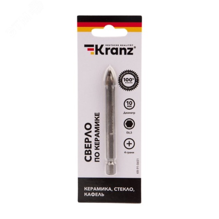 Сверло по стеклу и керамике10 мм 4 грани шестигранный хвостовик Kranz KR-91-0651