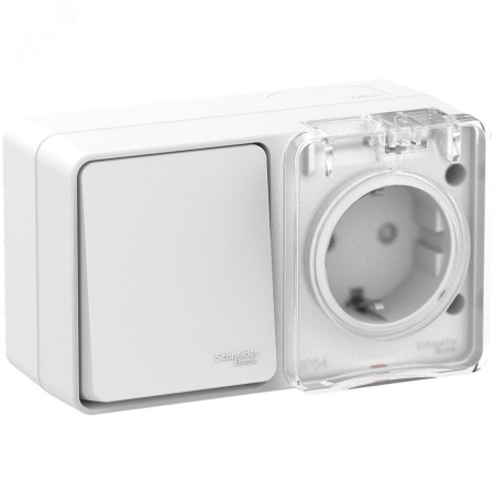 ATN540170 AtlasDesign Profi54 БЛОК: розетка с  заземлением со шторками 16А 250B, выключатель одноклавишный IP54 10А, БЕЛЫЙ, Россия Systeme Electric 
