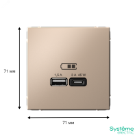 ARTGALLERY USB розетка A + тип-C 45Вт высокоскор.заряд. QC, PD, механизм, песочный Systeme Electric GAL001229