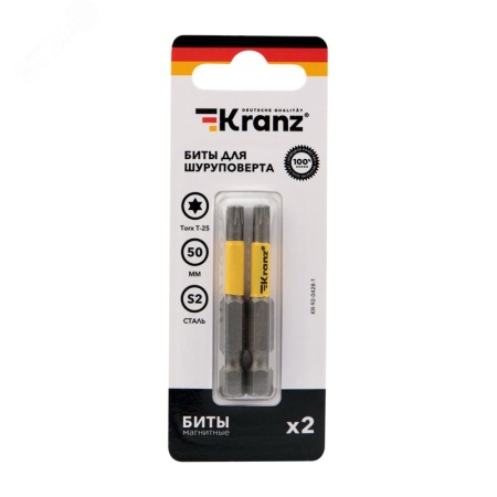 KR-92-0428-1 Бита для шуруповерта Torx T25х50 мм (упак. - 2 шт.) Kranz 