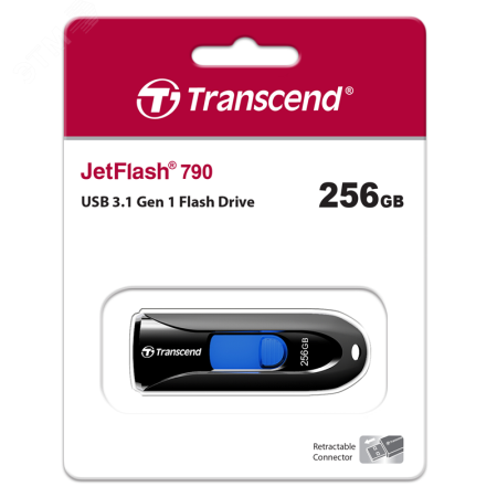 Флеш накопитель 256GB JetFlash 790, USB 3.1 Gen 1, выдвижной, черный, синий Transcend TS256GJF790K 1000533482