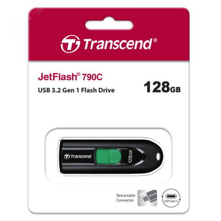 TS128GJF790C Флеш накопитель 128GB JetFlash 790С, USB 3.2 Gen 1, выдвижной, черный, синий Transcend  1000639342