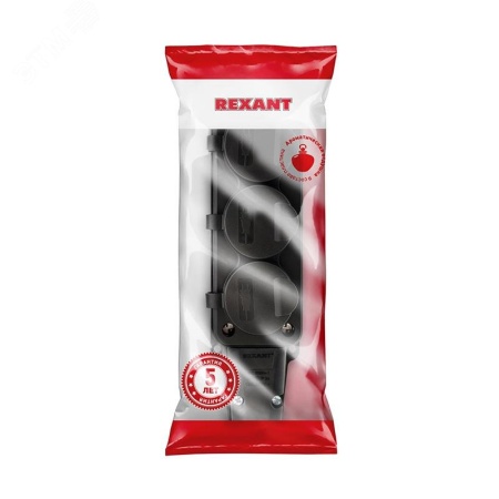 Розетка штепсельная трехместная влагозащищенная,  каучук REXANT 111-113