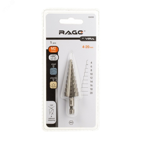 Сверло ступенчатое Р6М5 с шестигранным хвостовиком 4-20 мм Rage 554300